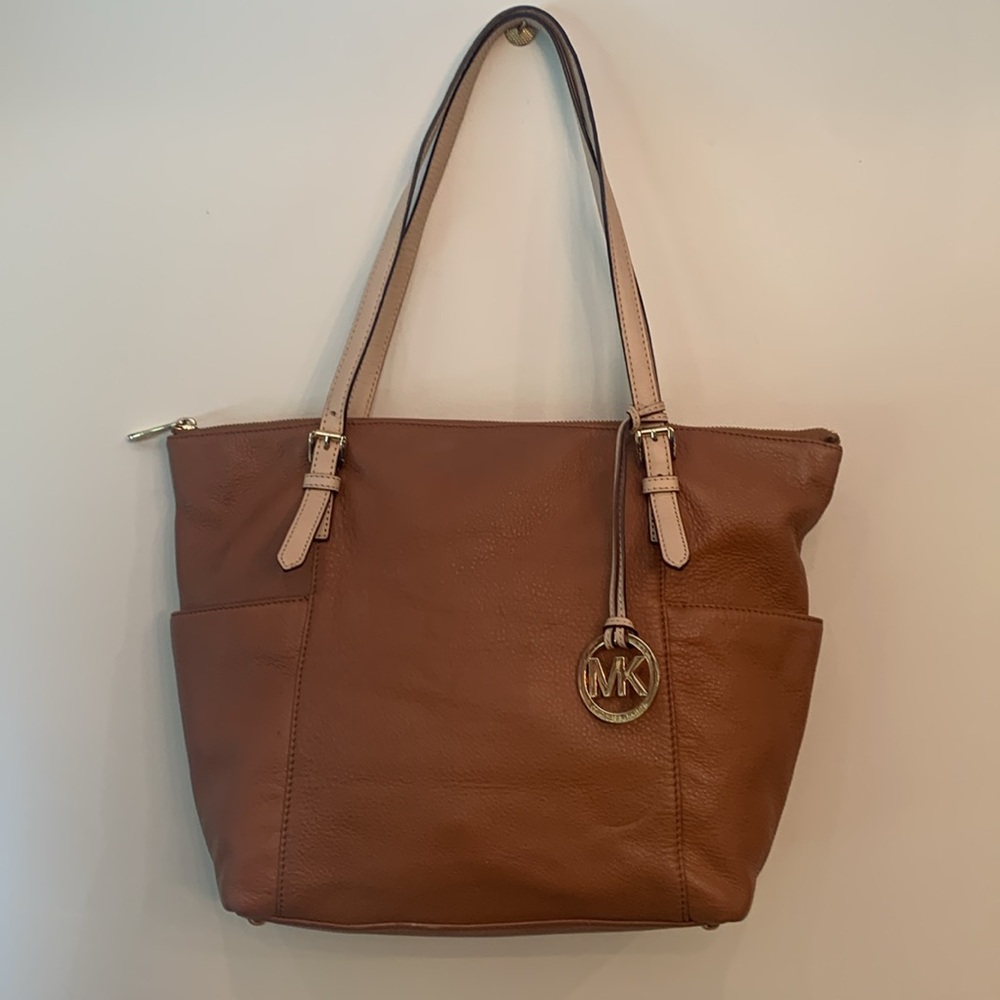 Michael Kors tan pebbled leather shoulder tote bag
